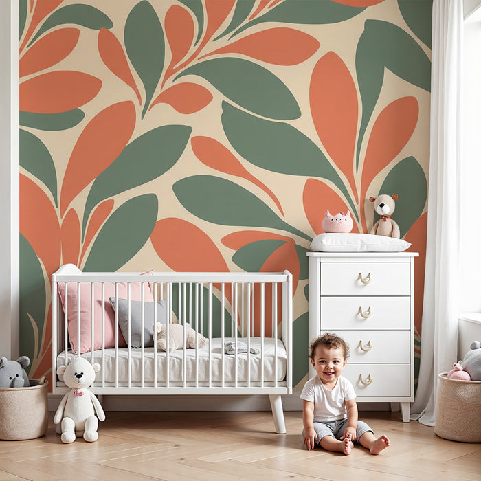 Papier peint chambre bébé | Feuilles stylisées en tons doux de vert et terracotta