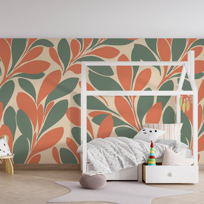 Papier peint chambre bébé | Feuilles stylisées en tons doux de vert et terracotta