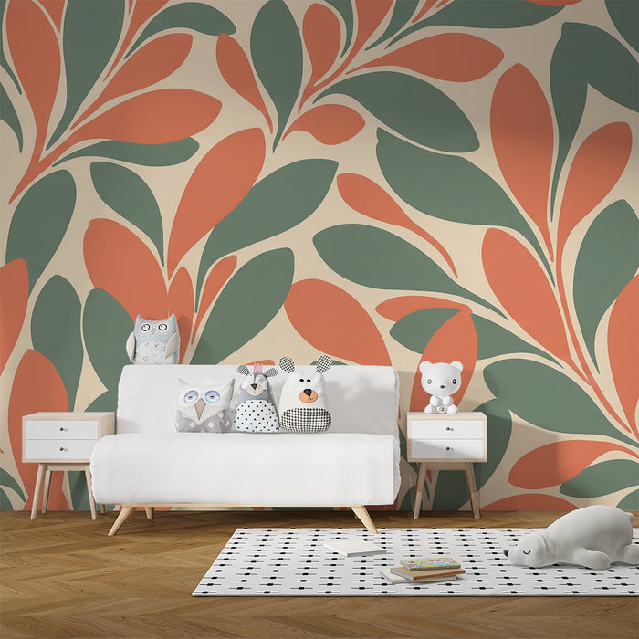 Papier peint chambre bébé | Feuilles stylisées en tons doux de vert et terracotta