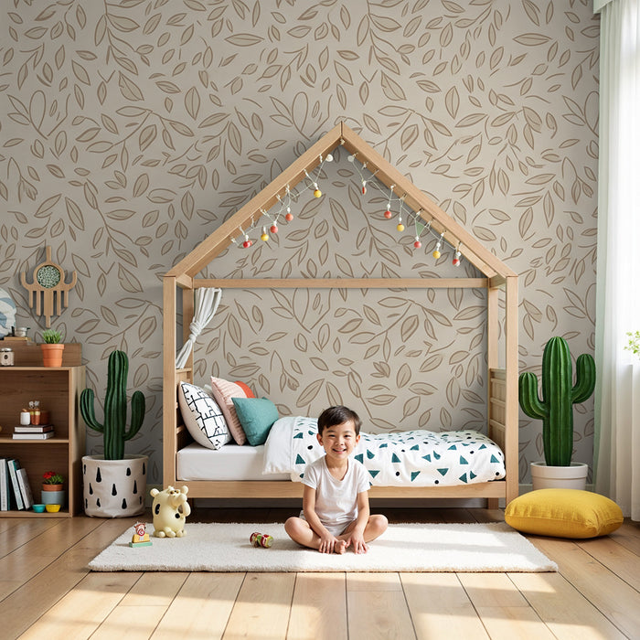 Tapet cameră bebeluși | Frunze pe fundal crem