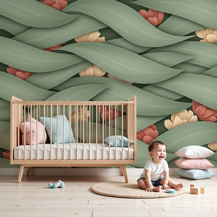 Papel de parede para quarto de bebé | Folhas entrelaçadas e flores delicadas em tons suaves