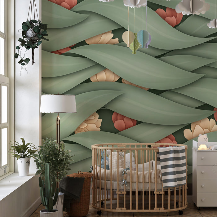 Papel de parede para quarto de bebé | Folhas entrelaçadas e flores delicadas em tons suaves