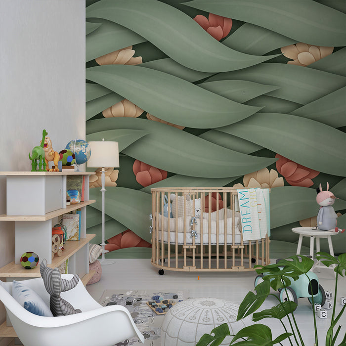 Papel de parede para quarto de bebé | Folhas entrelaçadas e flores delicadas em tons suaves