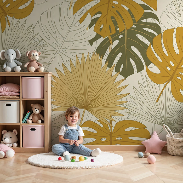 Papier peint chambre bébé | Feuilles tropicales aux teintes dorées et vertes