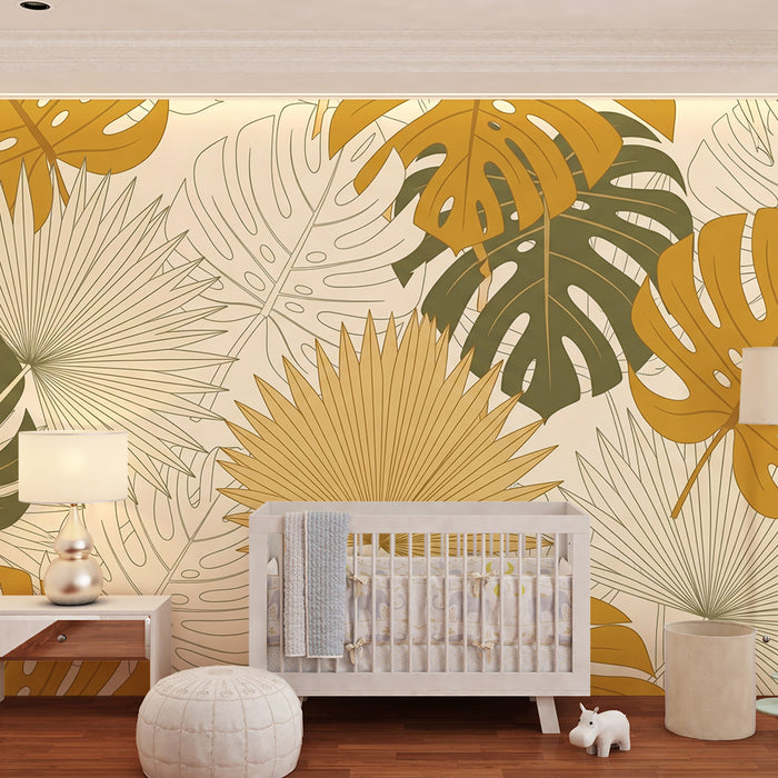 Papier peint chambre bébé | Feuilles tropicales aux teintes dorées et vertes