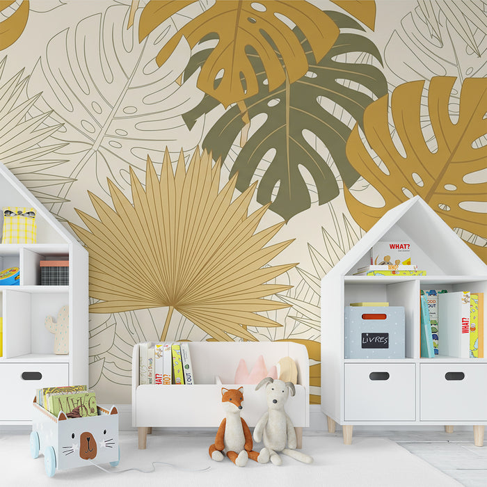 Papier peint chambre bébé | Feuilles tropicales aux teintes dorées et vertes