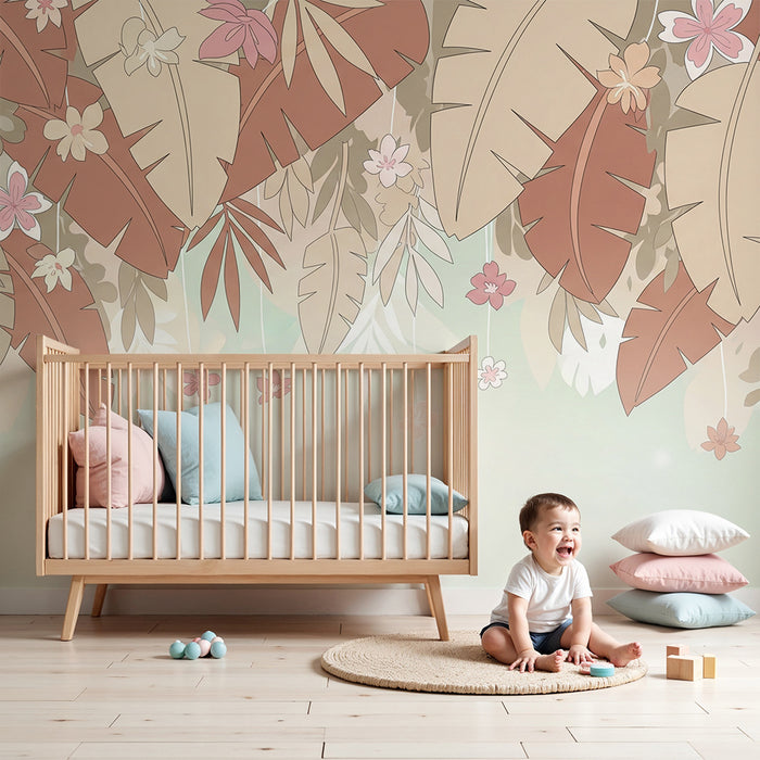Papier peint chambre bébé | Feuilles tropicales beige et terracotta
