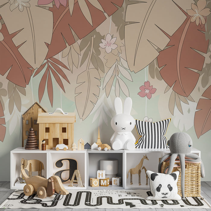 Papier peint chambre bébé | Feuilles tropicales beige et terracotta