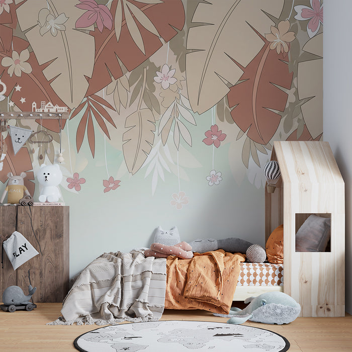 Papier peint chambre bébé | Feuilles tropicales beige et terracotta