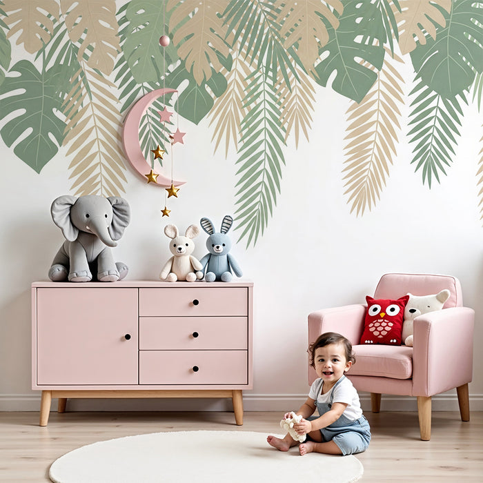 Carta da parati bambini | Foglie tropicali beige e verdi