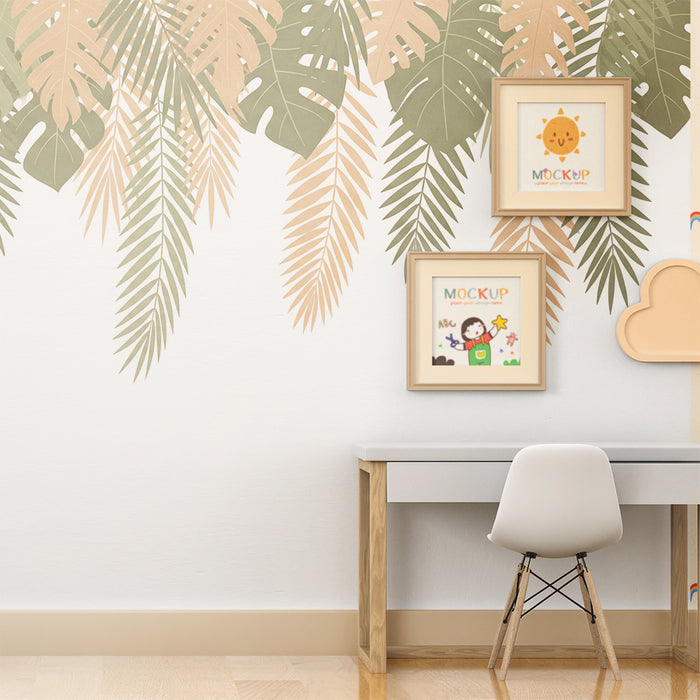 Carta da parati bambini | Foglie tropicali beige e verdi