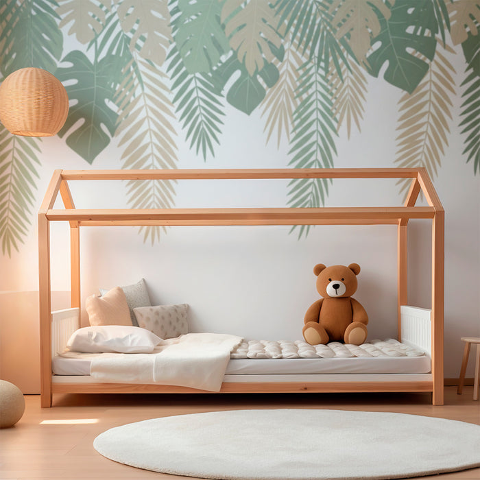 Carta da parati bambini | Foglie tropicali beige e verdi