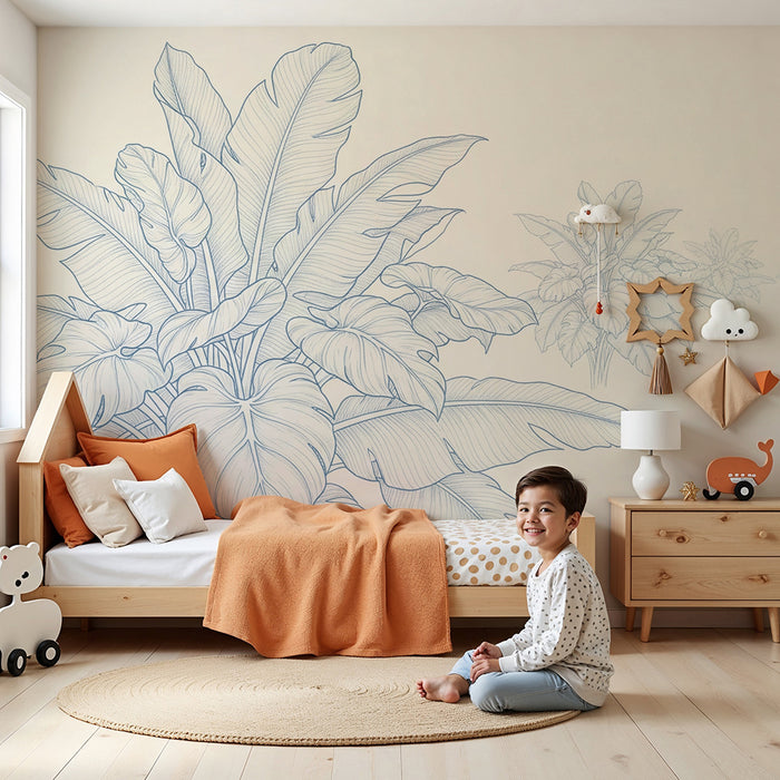 Nursery room wallpaper | Delicate tropical leaves on light background