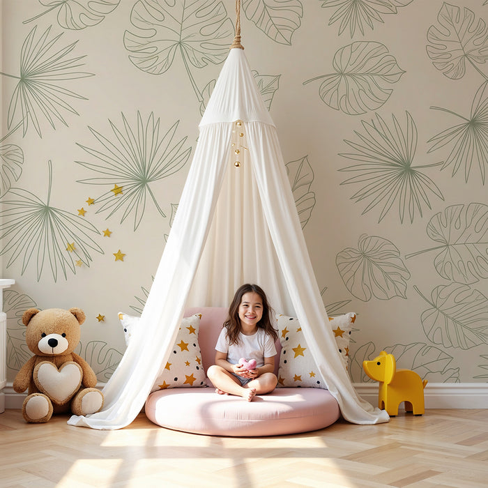 Papel pintado infantil | Hojas tropicales delicadas sobre fondo suave