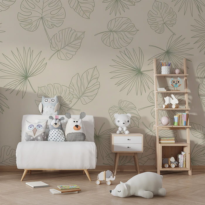 Papel pintado infantil | Hojas tropicales delicadas sobre fondo suave