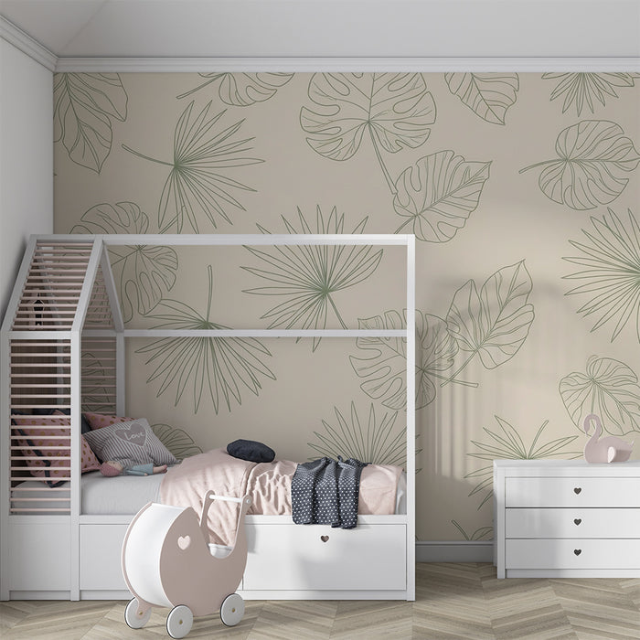 Papel pintado infantil | Hojas tropicales delicadas sobre fondo suave