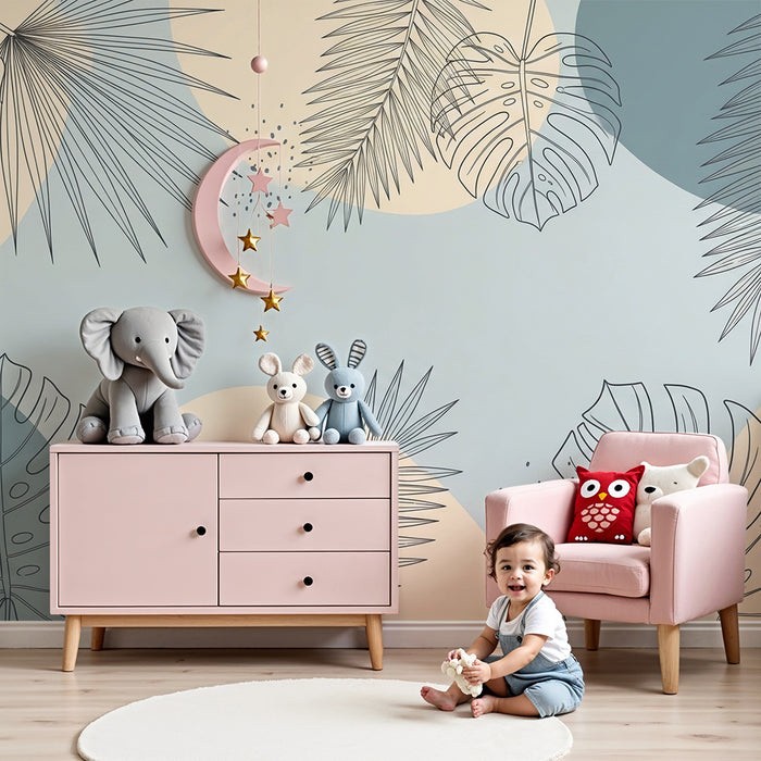 Barntapet | Delikata tropiska löv på pastellfond