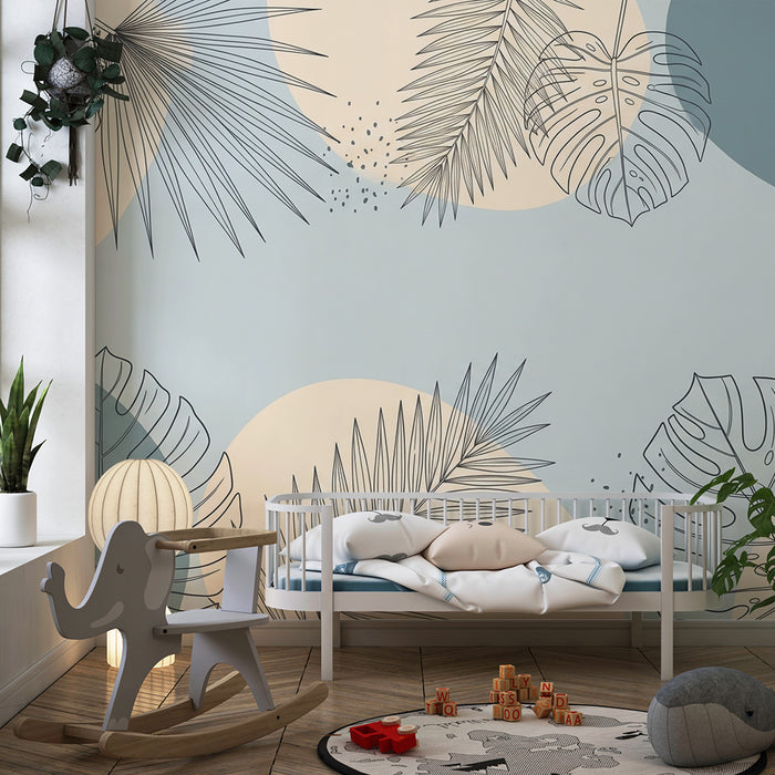 Barntapet | Delikata tropiska löv på pastellfond