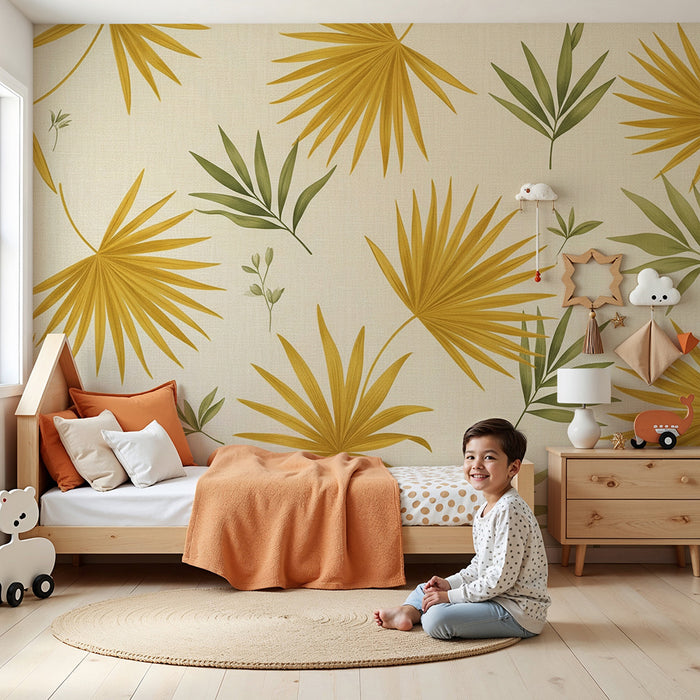 Papier peint chambre bébé | Feuilles tropicales dorées et vertes sur fond clair