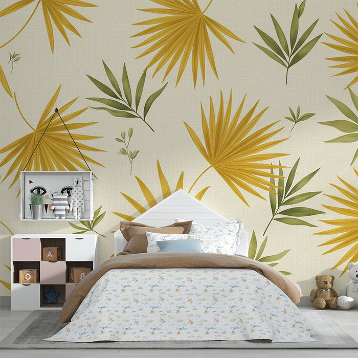 Papier peint chambre bébé | Feuilles tropicales dorées et vertes sur fond clair