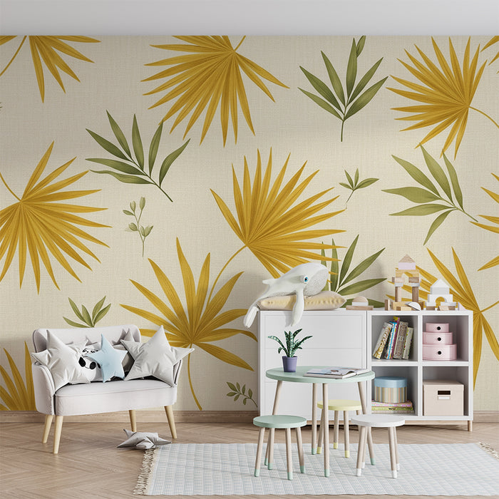 Papier peint chambre bébé | Feuilles tropicales dorées et vertes sur fond clair