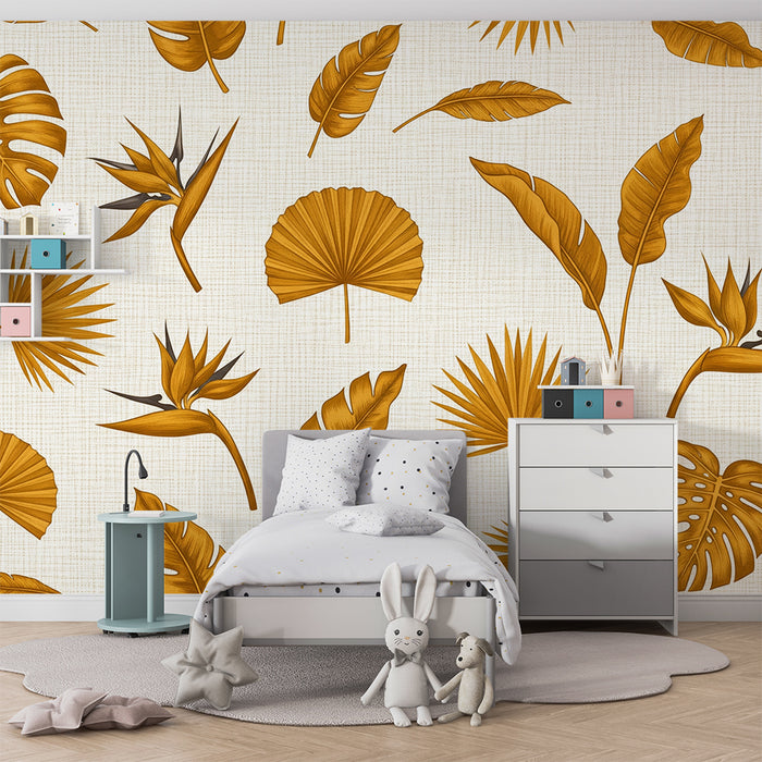 Papier peint chambre bébé | Feuilles tropicales dorées sur fond clair
