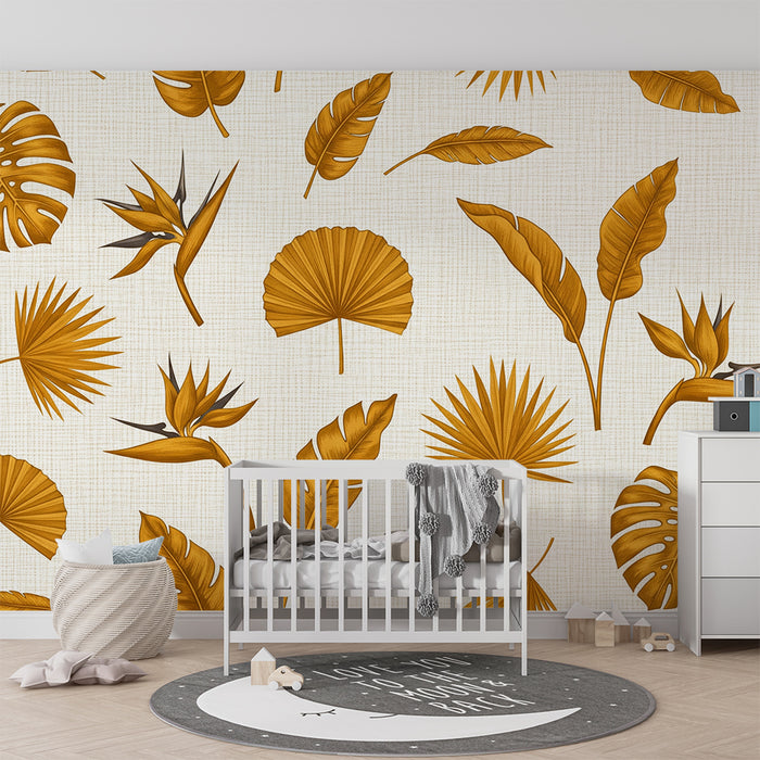 Papier peint chambre bébé | Feuilles tropicales dorées sur fond clair
