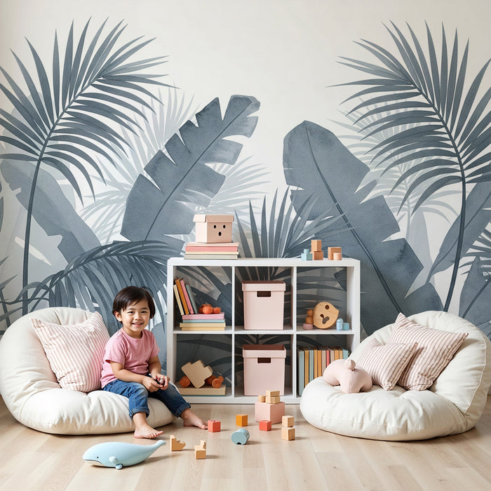 Papier peint chambre bébé | Feuilles tropicales en nuances de bleu