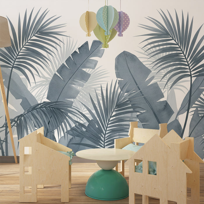 Papier peint chambre bébé | Feuilles tropicales en nuances de bleu