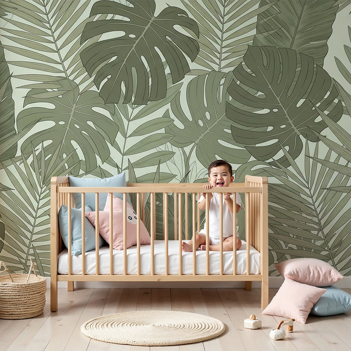 Nursery room wallpaper | Tropical leaves in shades of green for a soothing atmosphere