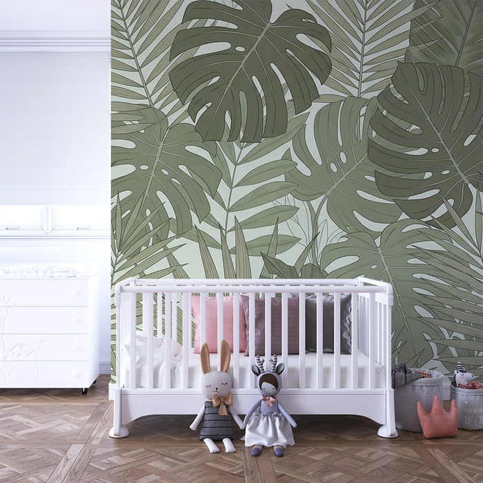 Nursery room wallpaper | Tropical leaves in shades of green for a soothing atmosphere