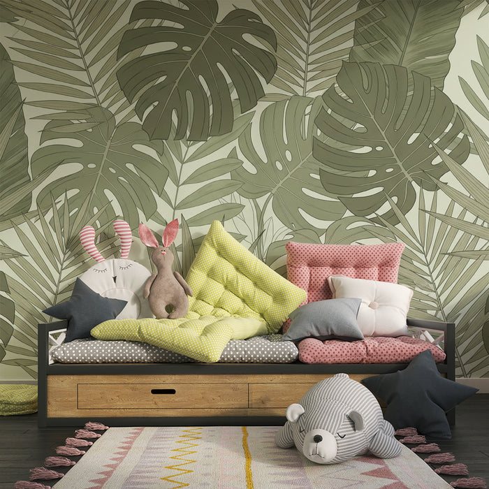 Nursery room wallpaper | Tropical leaves in shades of green for a soothing atmosphere