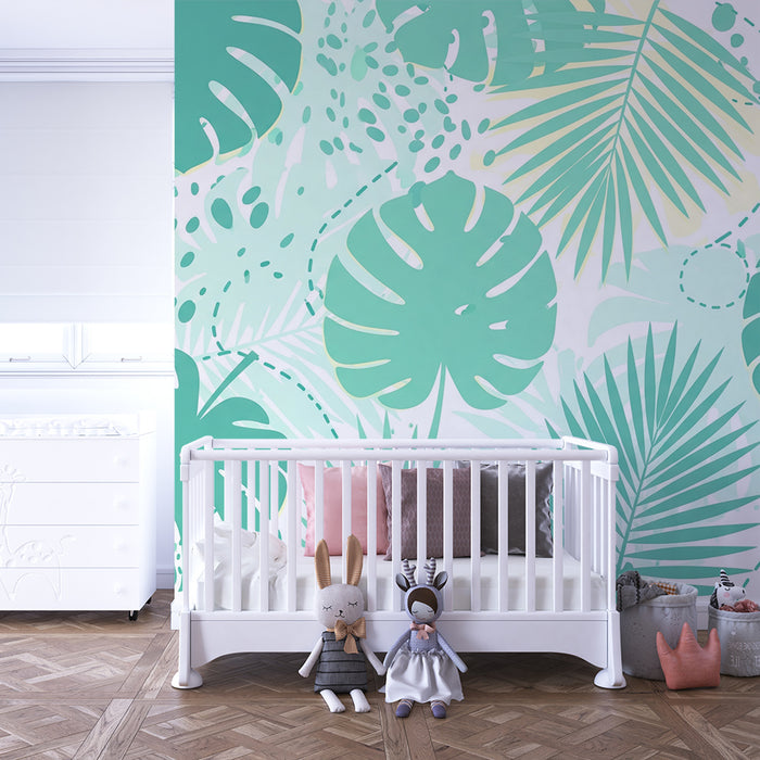 Papier peint chambre bébé | Feuilles tropicales en teintes douces