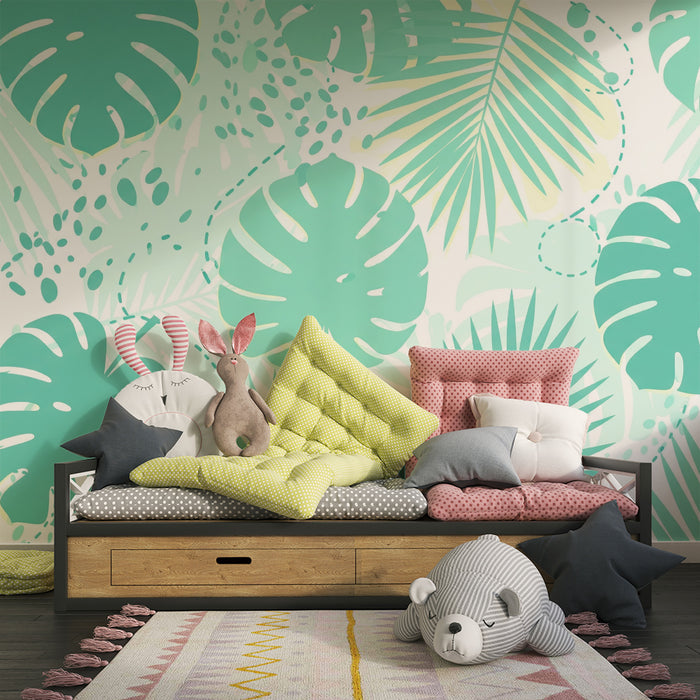 Papier peint chambre bébé | Feuilles tropicales en teintes douces