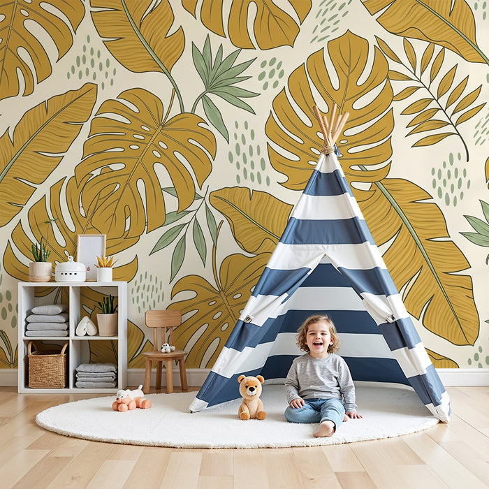 Papier peint chambre bébé | Feuilles tropicales en tons dorés et verts