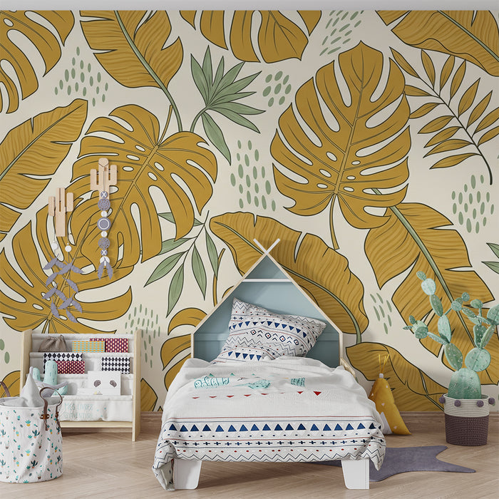 Papier peint chambre bébé | Feuilles tropicales en tons dorés et verts