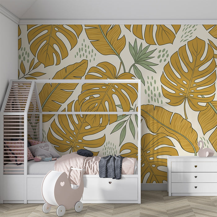 Papier peint chambre bébé | Feuilles tropicales en tons dorés et verts