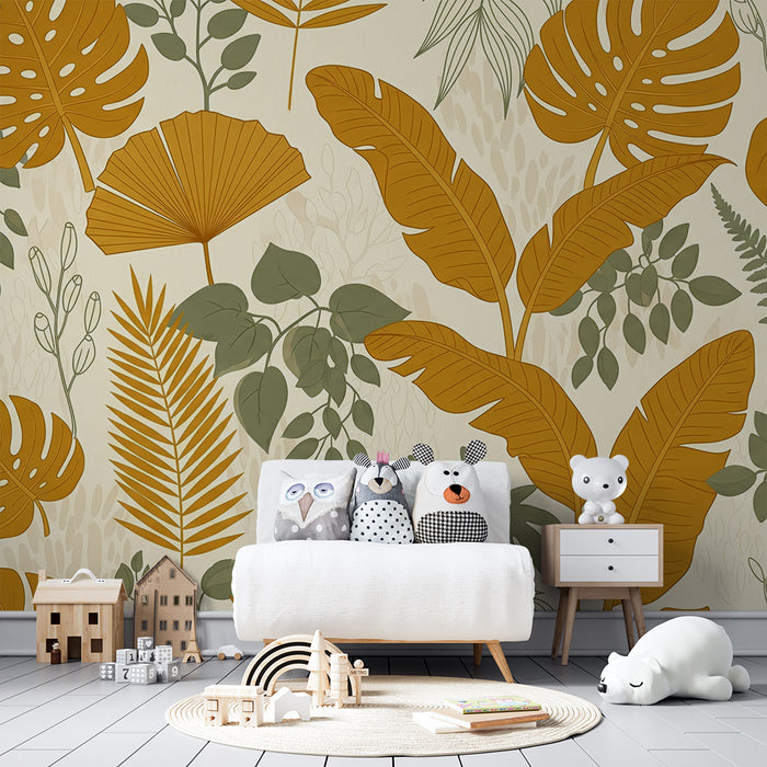 Papier peint chambre bébé | Feuilles tropicales en tons dorés et verts sur fond clair