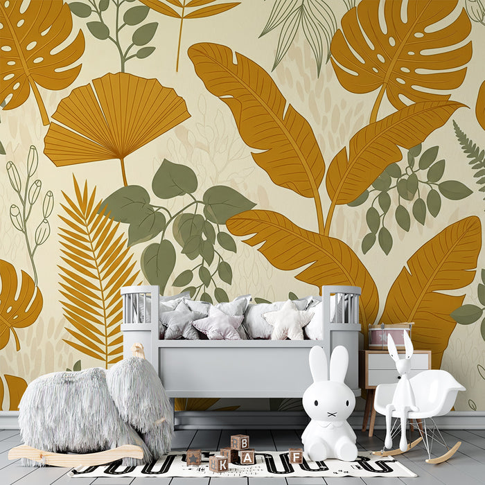 Papier peint chambre bébé | Feuilles tropicales en tons dorés et verts sur fond clair