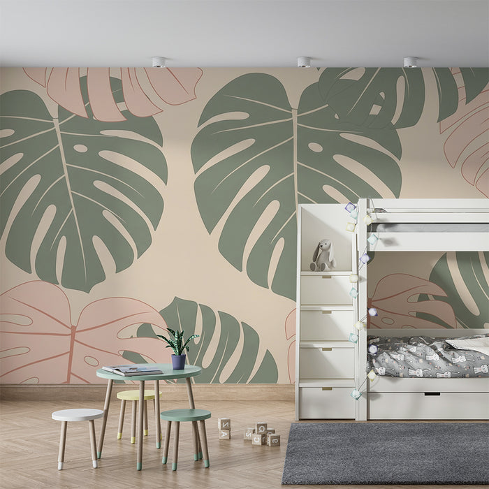 Barntapet | Tropiska löv i grönt och rosa på mjuk bakgrund