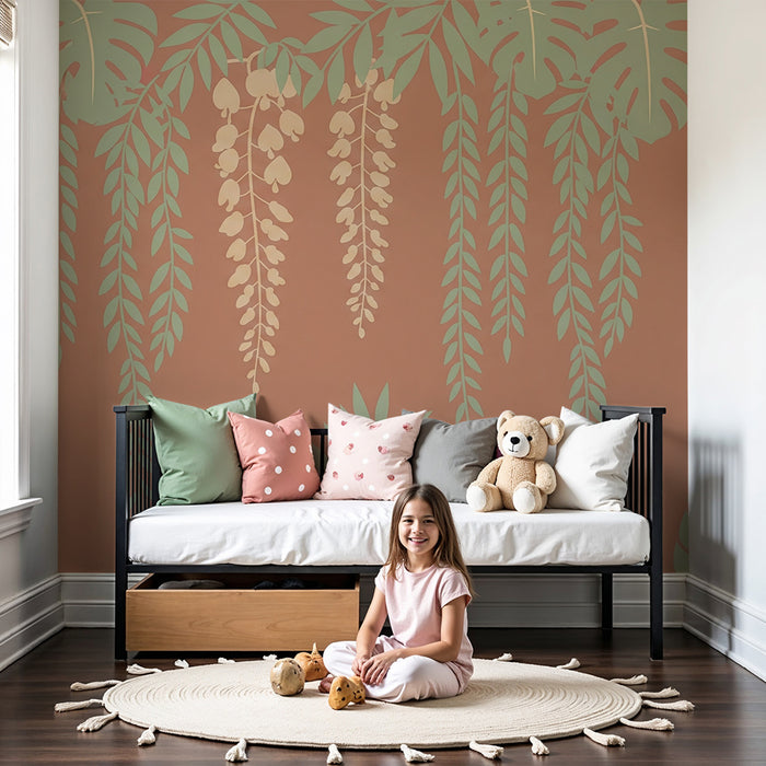 Nursery room wallpaper | Tropical leaves and soft ambiance