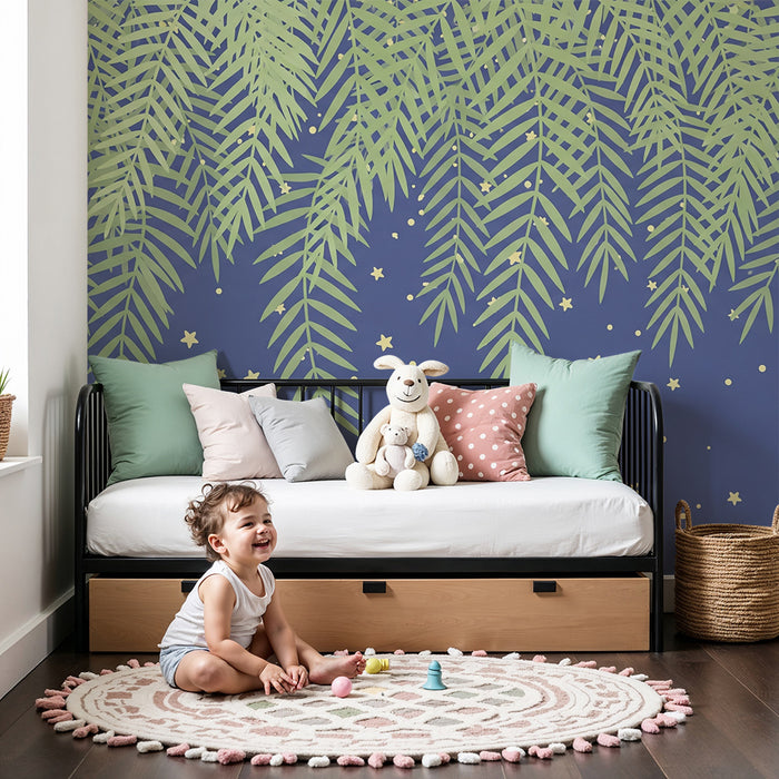 Carta da parati bambini | Foglie tropicali e cielo stellato