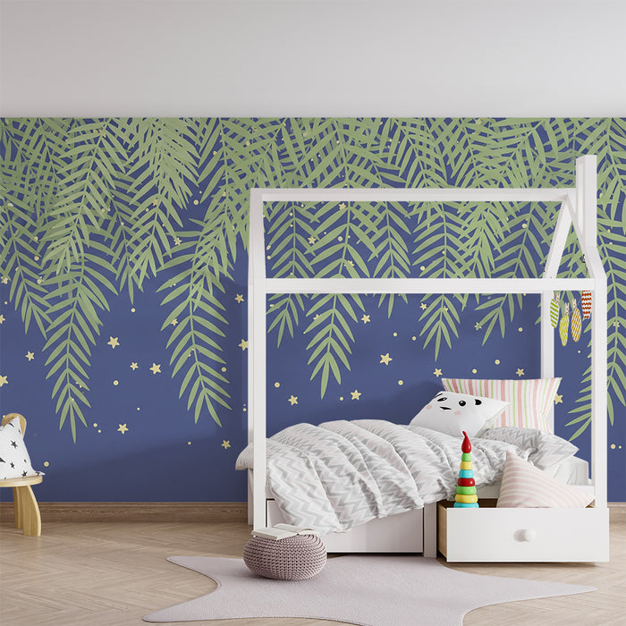 Carta da parati bambini | Foglie tropicali e cielo stellato