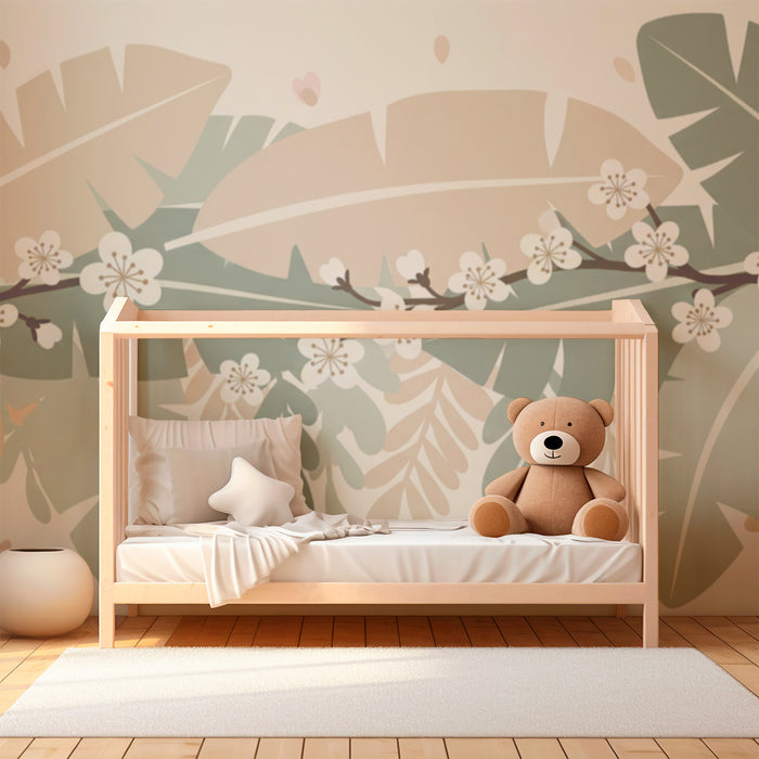 Nursery room wallpaper | Troopilised lehed ja õrnad lilled
