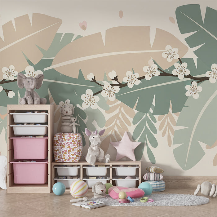 Nursery room wallpaper | Troopilised lehed ja õrnad lilled