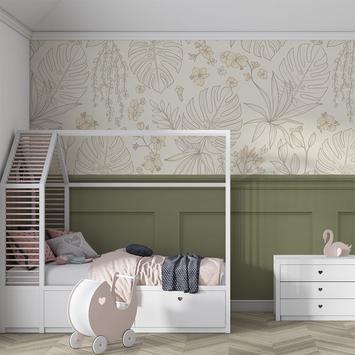 Papier peint chambre bébé | Feuilles tropicales et fleurs délicates en tons doux