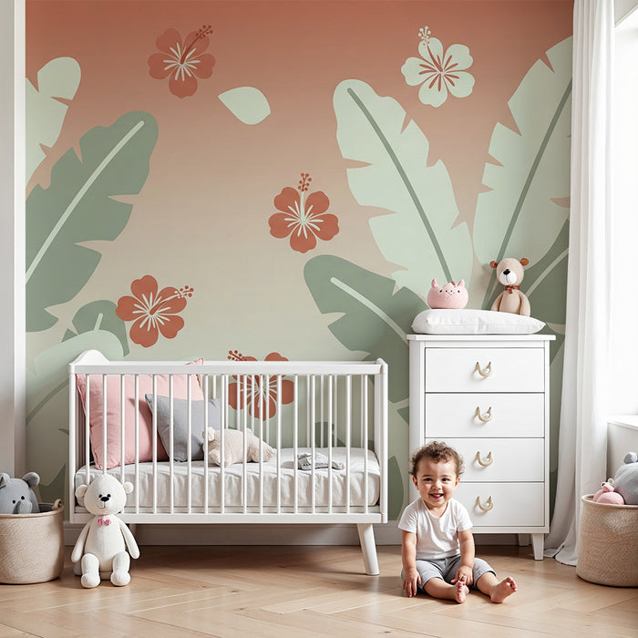 Papel de parede quarto bebê | Tropsko listje in eksotični cvetovi na pastelnem degradiranem ozadju