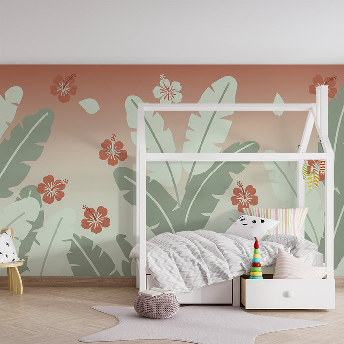 Papel de parede quarto bebê | Tropsko listje in eksotični cvetovi na pastelnem degradiranem ozadju