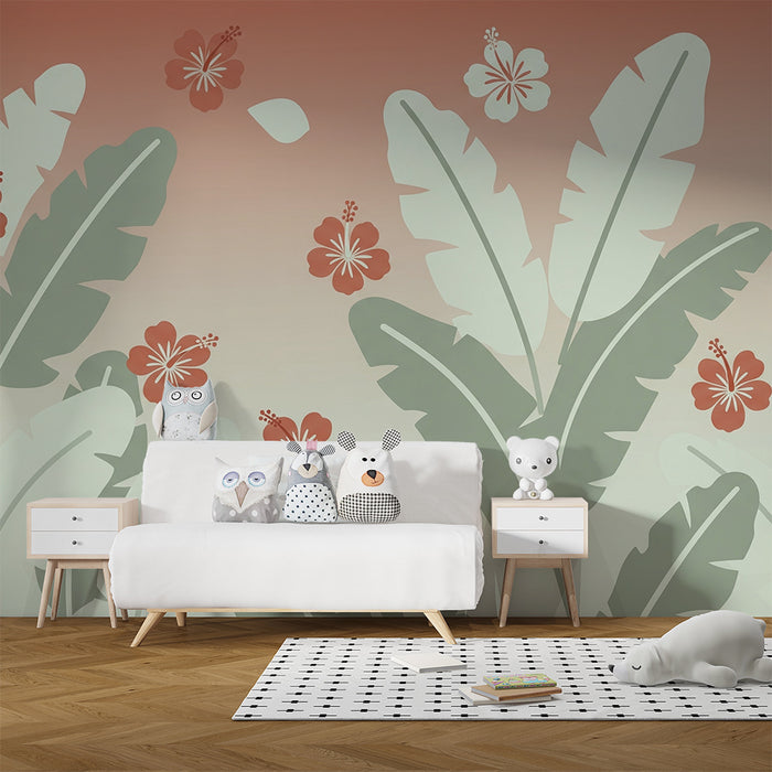 Papel de parede quarto bebê | Tropsko listje in eksotični cvetovi na pastelnem degradiranem ozadju