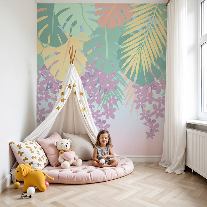 Nursery room wallpaper | Tropical leaves and pastel flowers